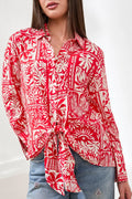 Printed Textured Challis Blouse With Tie Front