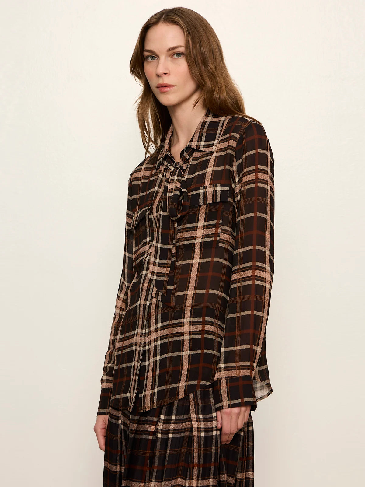 Meet In Paris Tie Neck Blouse Cinder Plaid