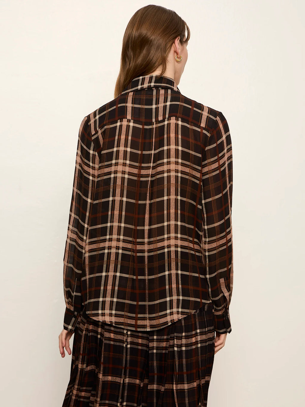 Meet In Paris Tie Neck Blouse Cinder Plaid