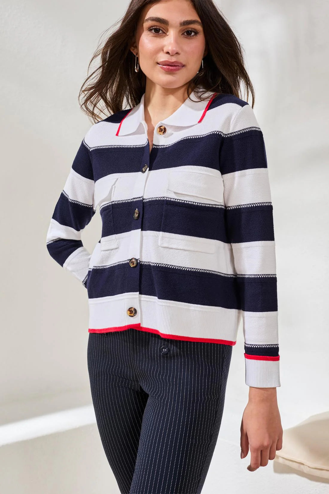 Double Knit Button-Front Stripe Cardigan