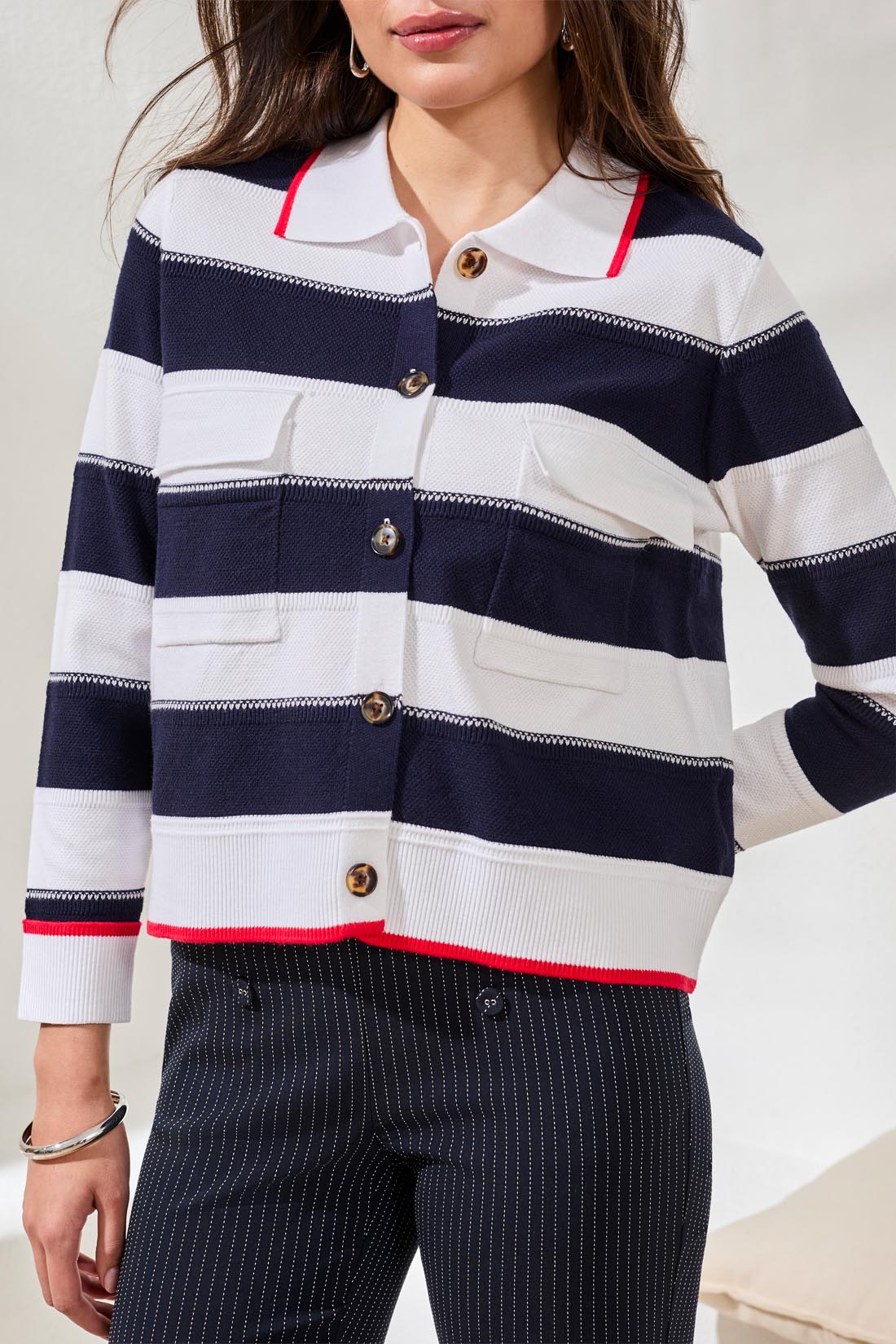 Double Knit Button-Front Stripe Cardigan