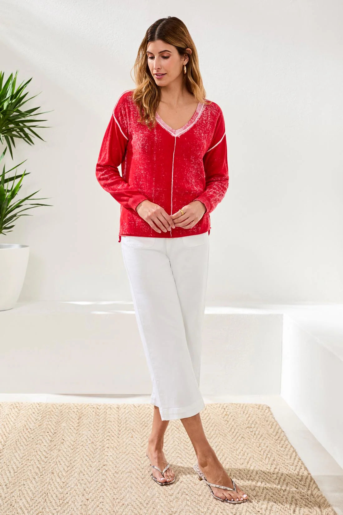 Lightweight Cotton V-Neck Sweater With Special Wash