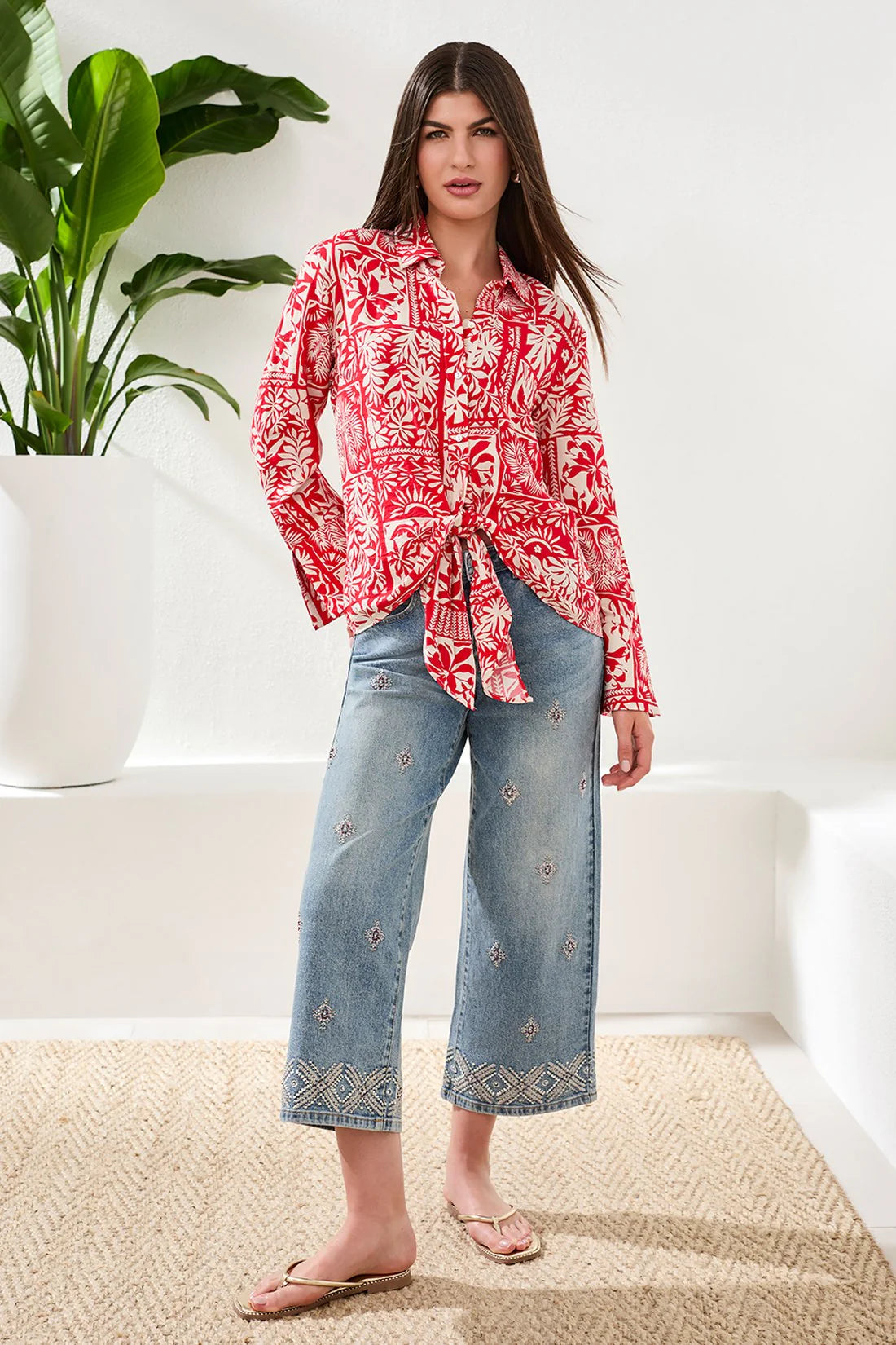 Printed Textured Challis Blouse With Tie Front