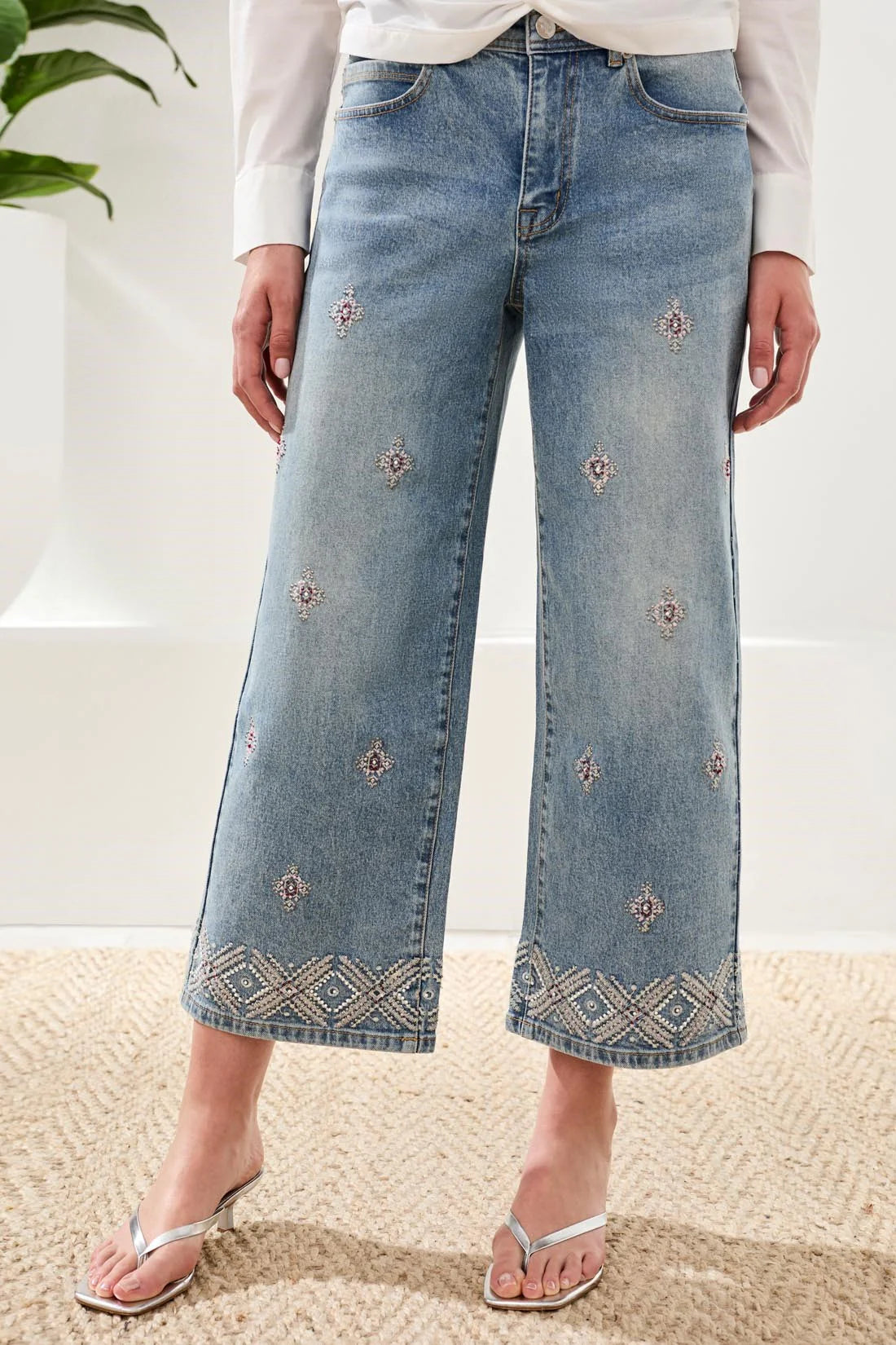 Audrey Hugging Wide Leg Denim With Embroidered Finish