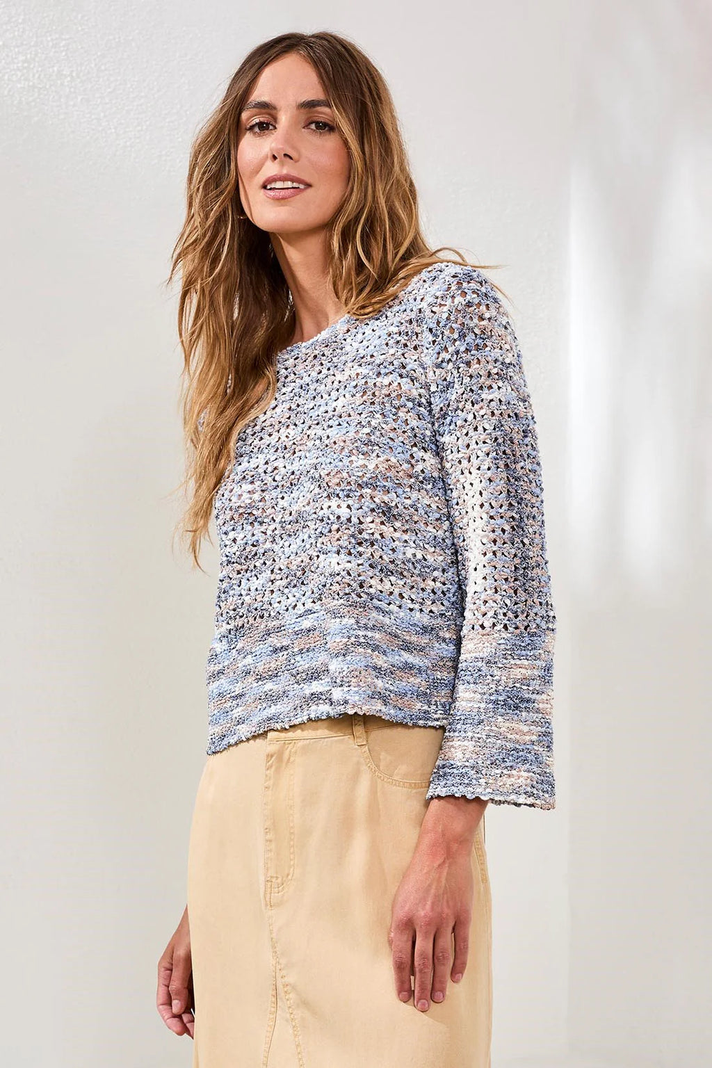 Open-Stitch Crewneck Bell-Sleeve Sweater