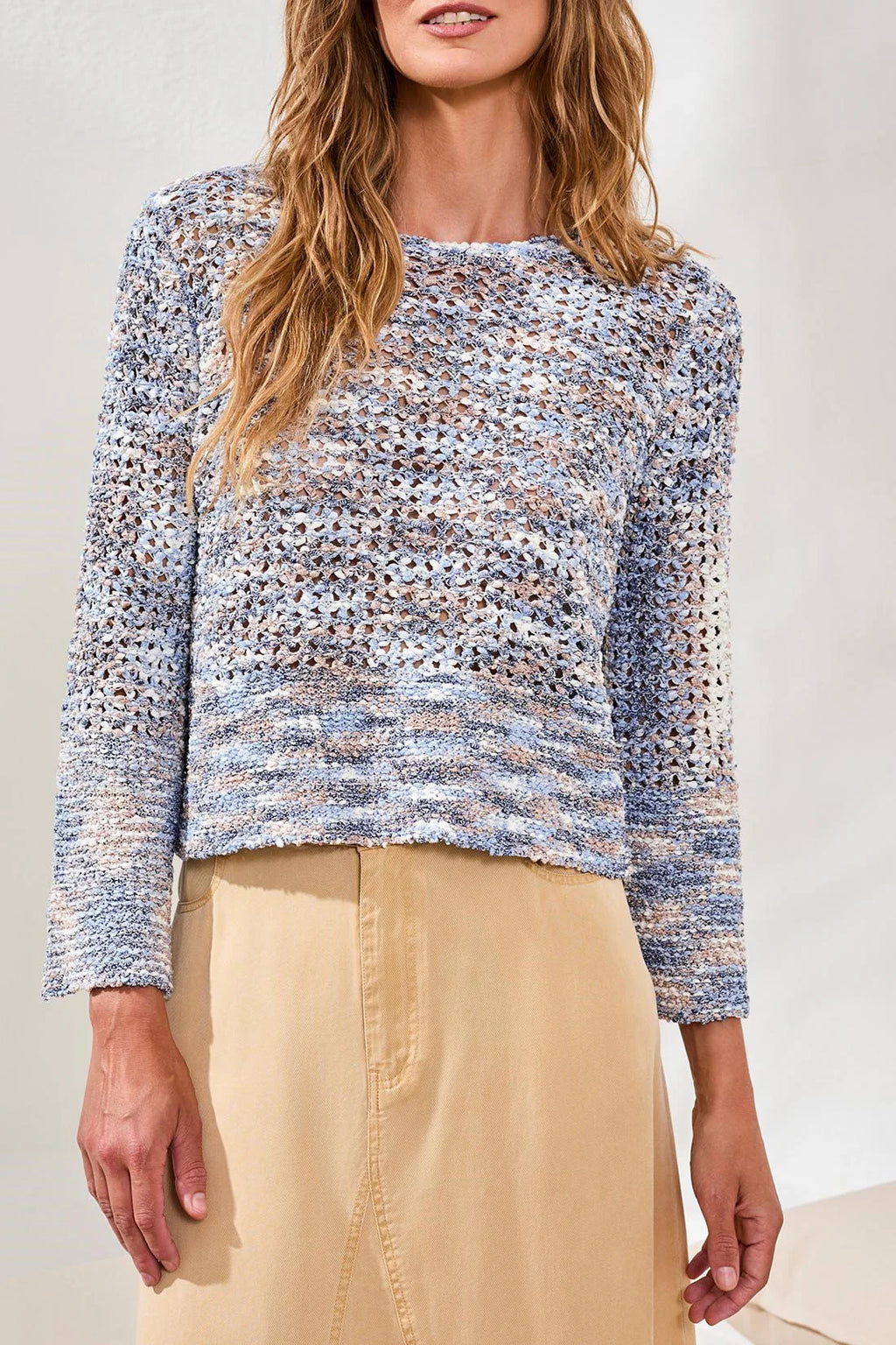Open-Stitch Crewneck Bell-Sleeve Sweater