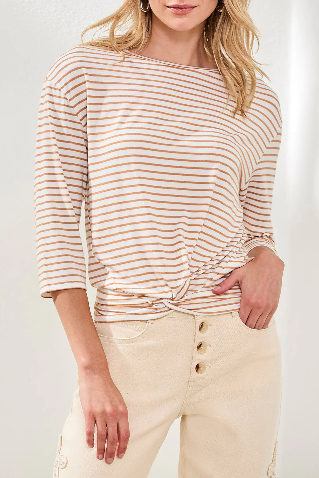 Soft Modal Boat Neck 3/4 Sleeve Top With Knot Detail