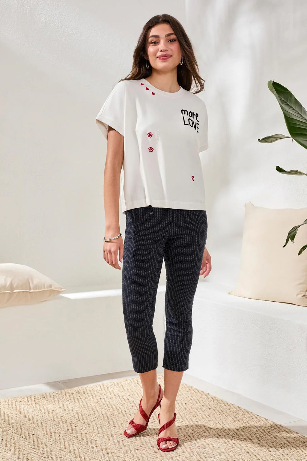 Crewneck Cap Sleeve Top With Embroidered Detail