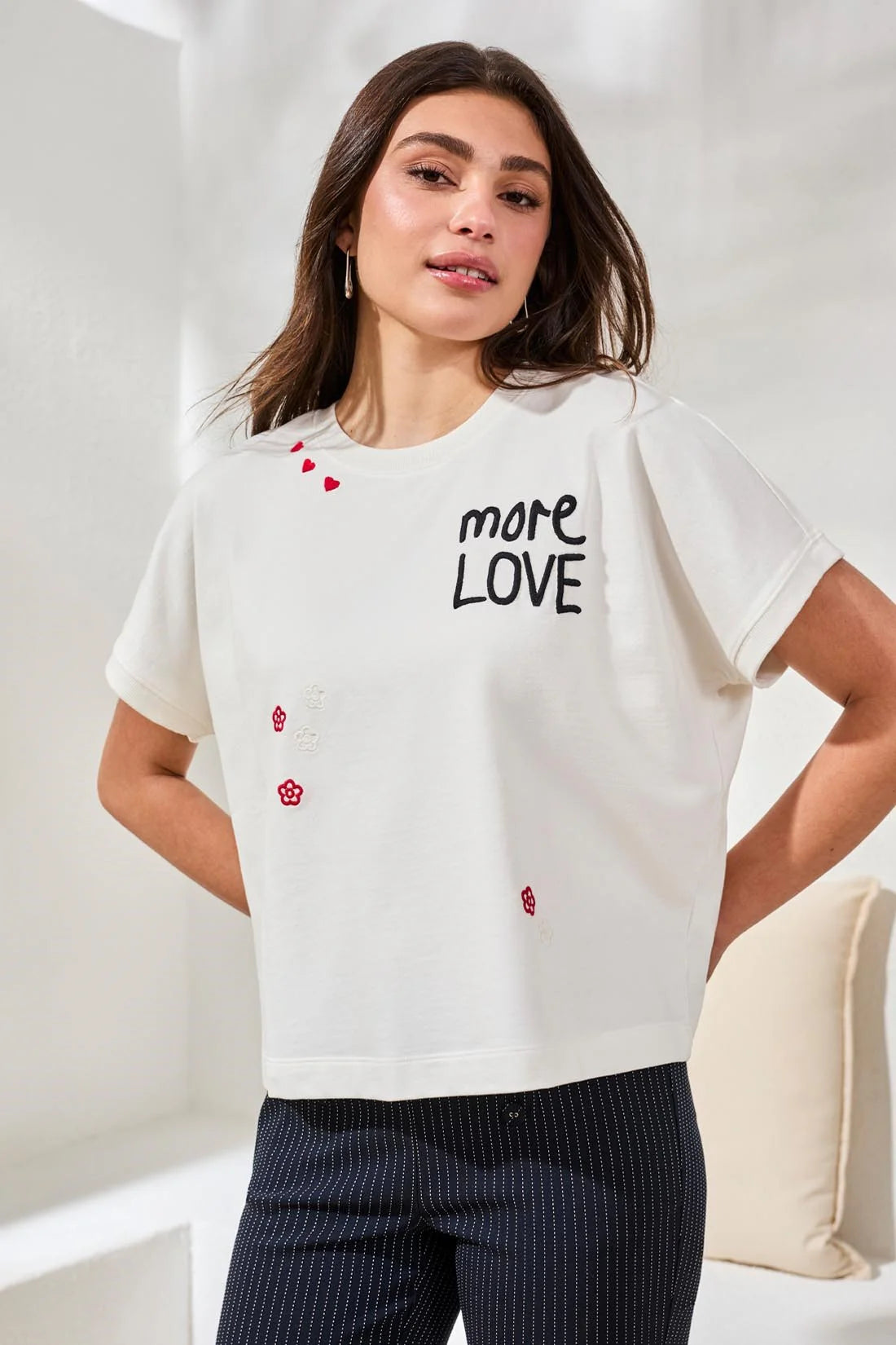 Crewneck Cap Sleeve Top With Embroidered Detail