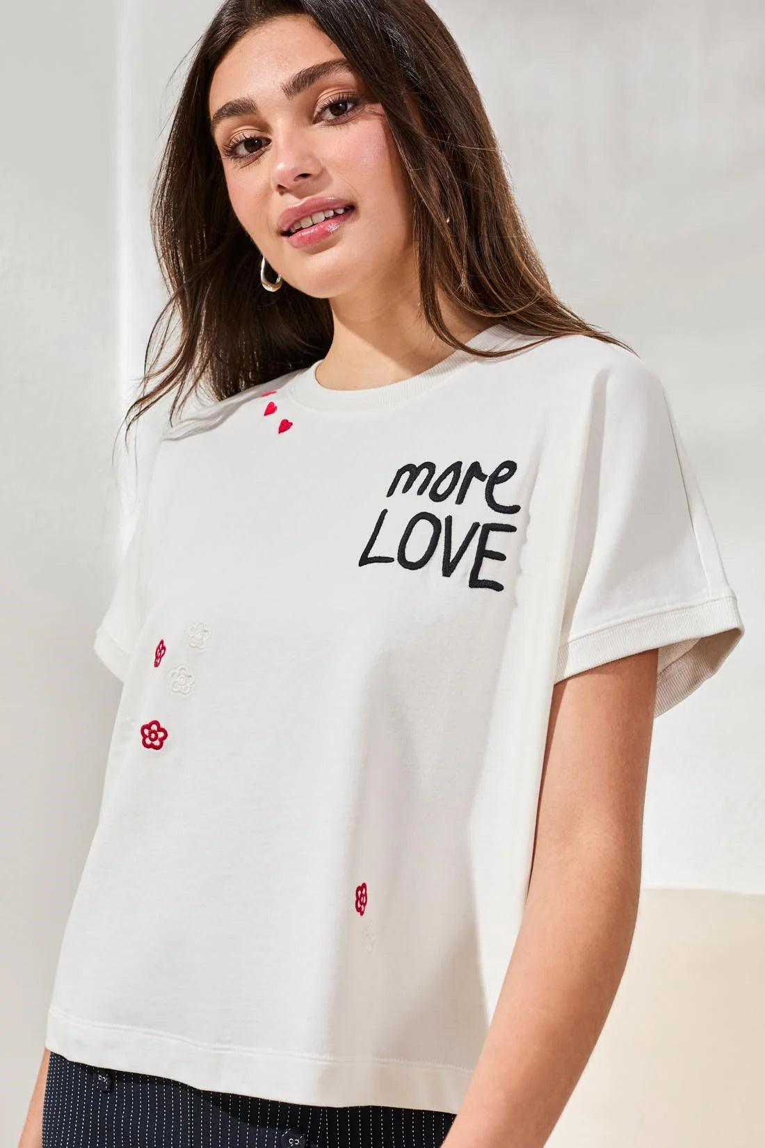 Crewneck Cap Sleeve Top With Embroidered Detail