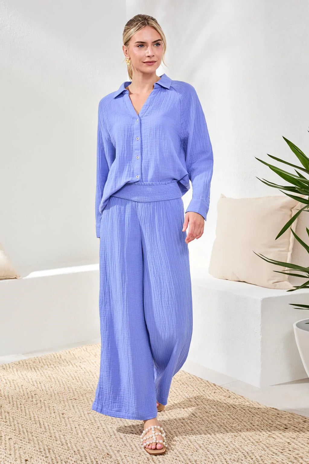 Crinkle Gauze Elastic Waist Flowy Pants