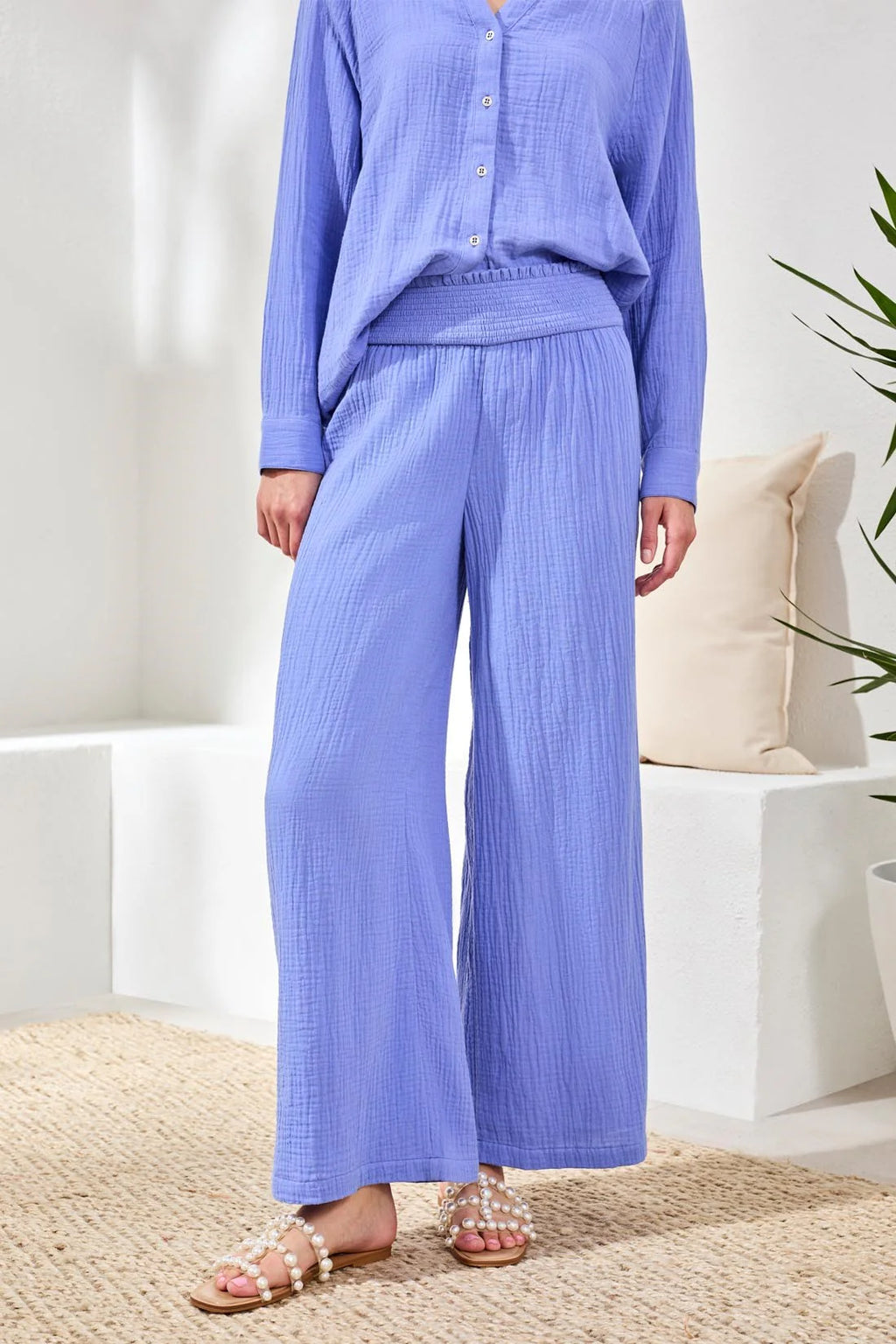 Crinkle Gauze Elastic Waist Flowy Pants