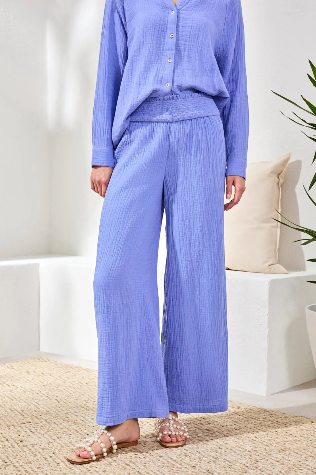 Crinkle Gauze Elastic Waist Flowy Pants