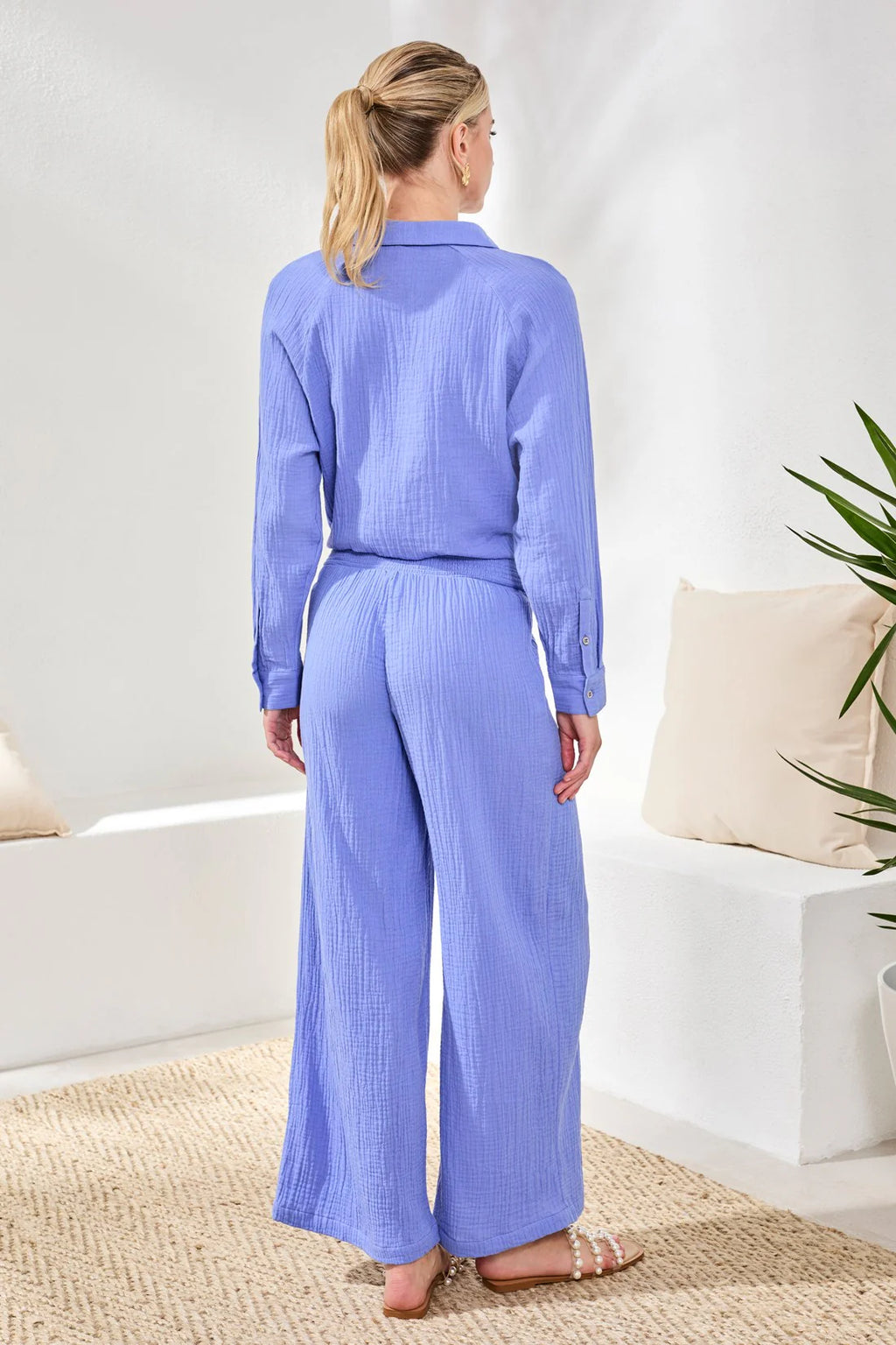 Crinkle Gauze Elastic Waist Flowy Pants