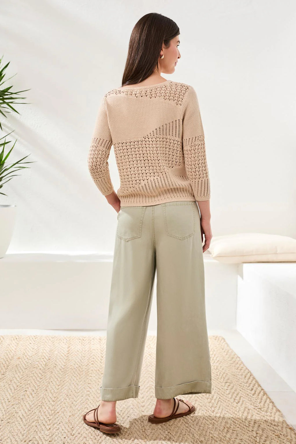 Novelty Crochet 3/4 Sleeve Knit Sweater