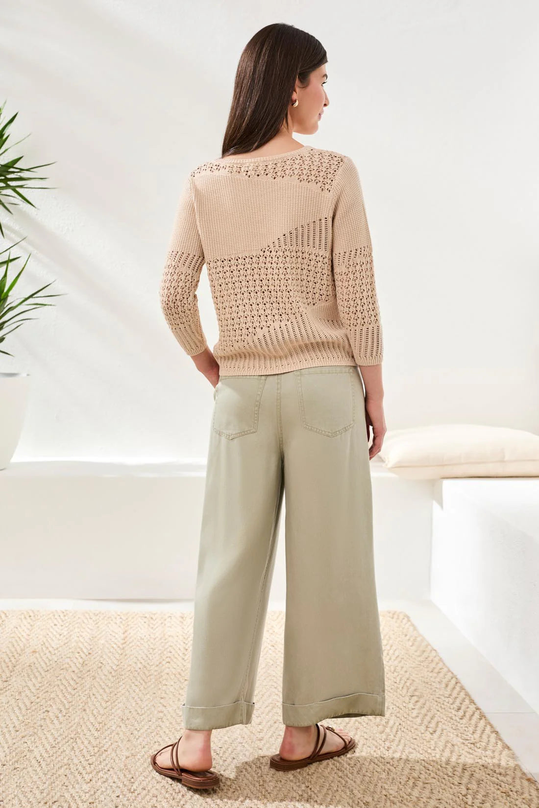 Novelty Crochet 3/4 Sleeve Knit Sweater