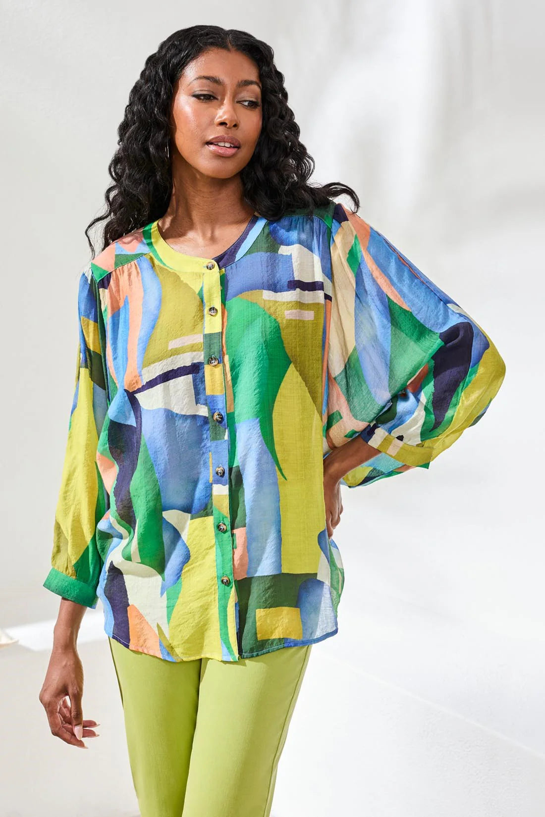 Flowy Dolman Sleeve Blouse With Self-Covered Buttons