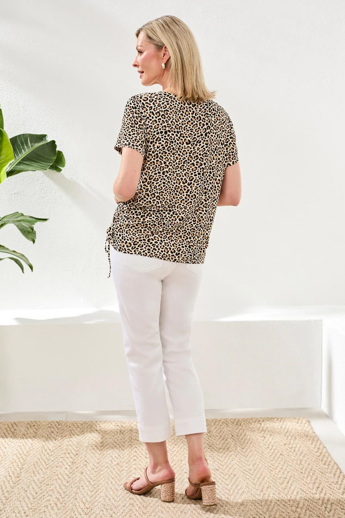 Printed Jersey Crew Neck Top With Side Ruching