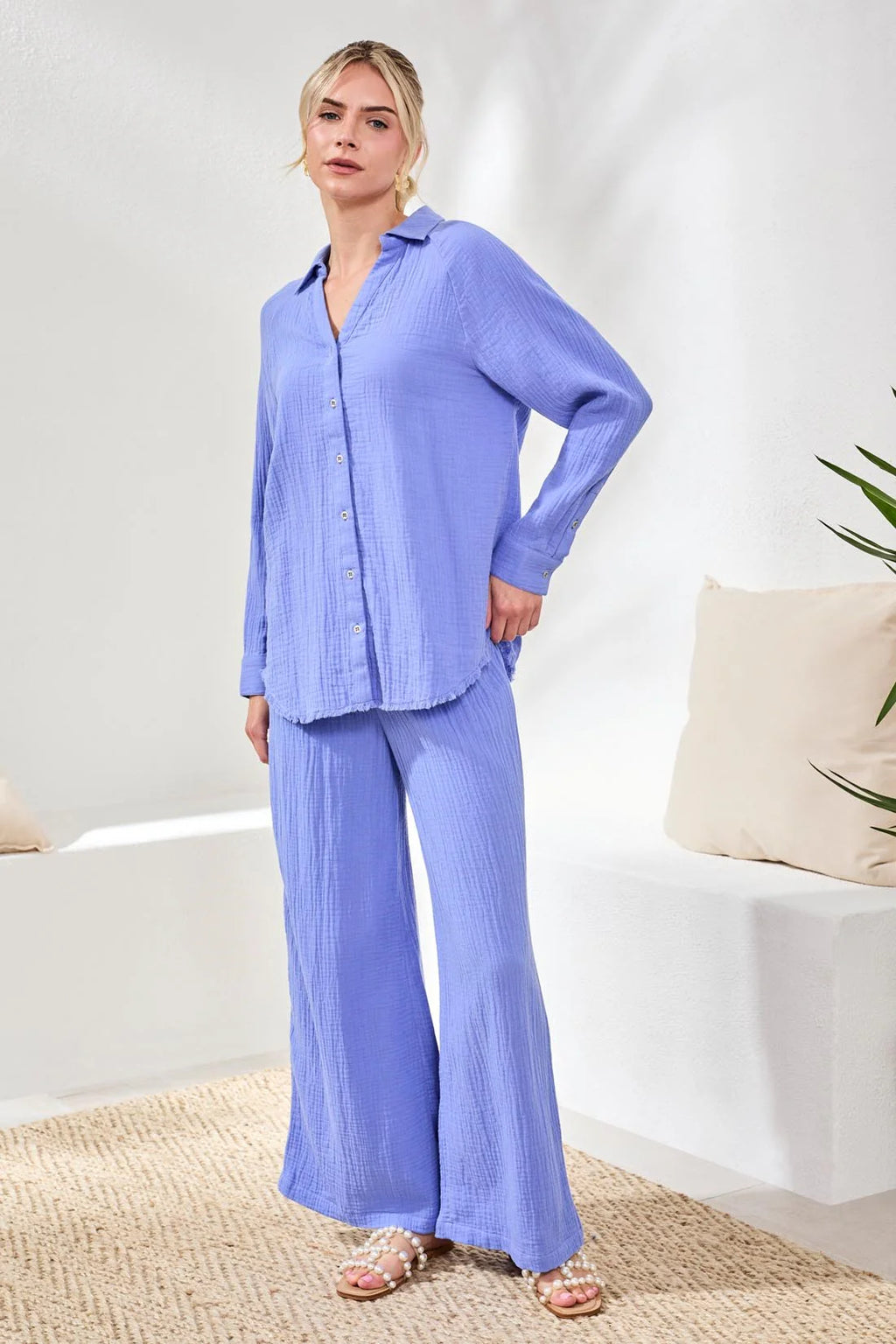 Crinkle Gauze Button-Front Tie Blouse