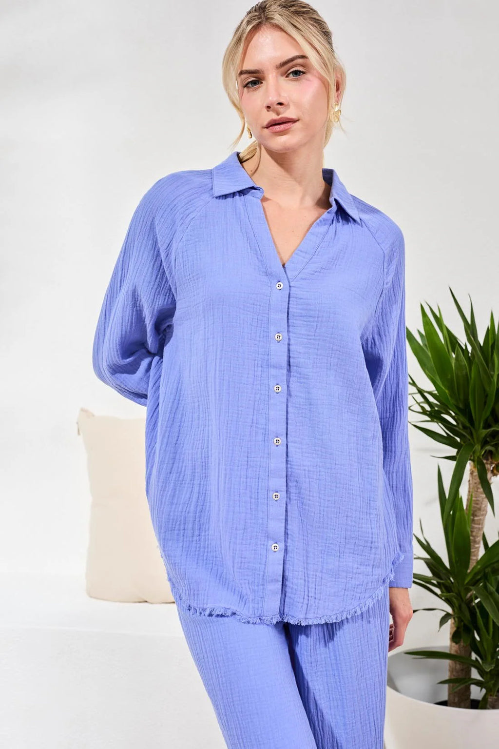 Crinkle Gauze Button-Front Tie Blouse