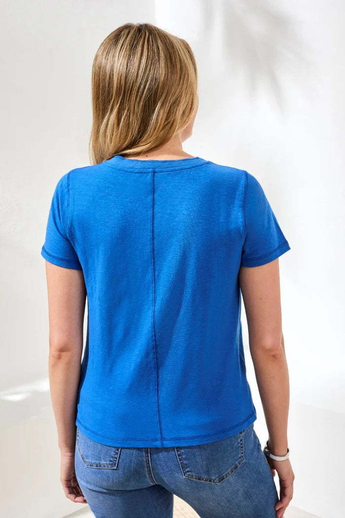 Slub Knit V-Neck Top With Double Trim Detail