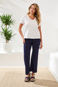 Slub Knit V-Neck Top With Double Trim Detail