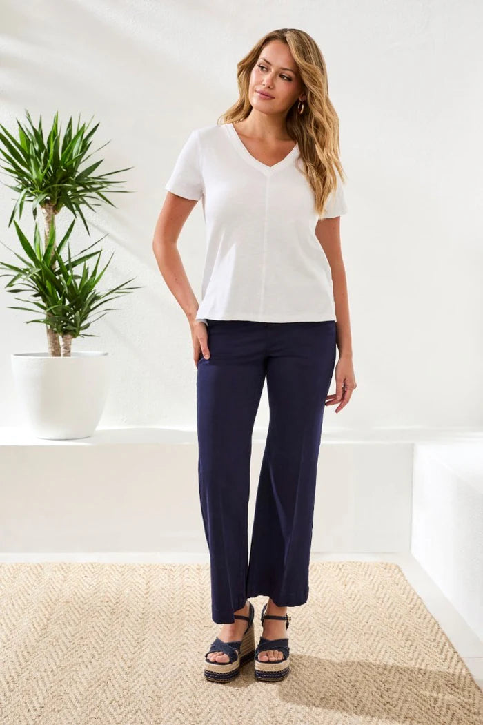 Slub Knit V-Neck Top With Double Trim Detail